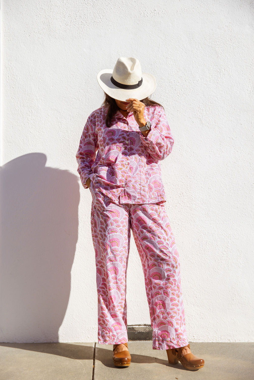 Four piece cotton pajama set featuring the top and pants.