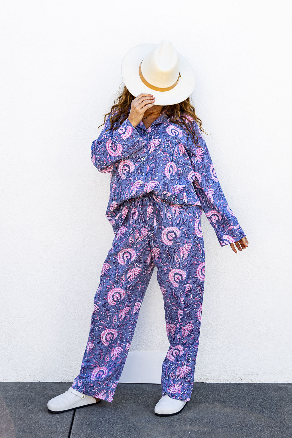 Model is wearing Tuk and Lu's patterned cotton PJ set with the pants. Also comes with shorts and tote.