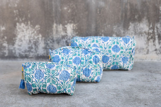 Set of three multi-colored patterned cotton cosmetic bags. Smaller bags fit into the largest for easy storage.
Blue-Green-White pattern.