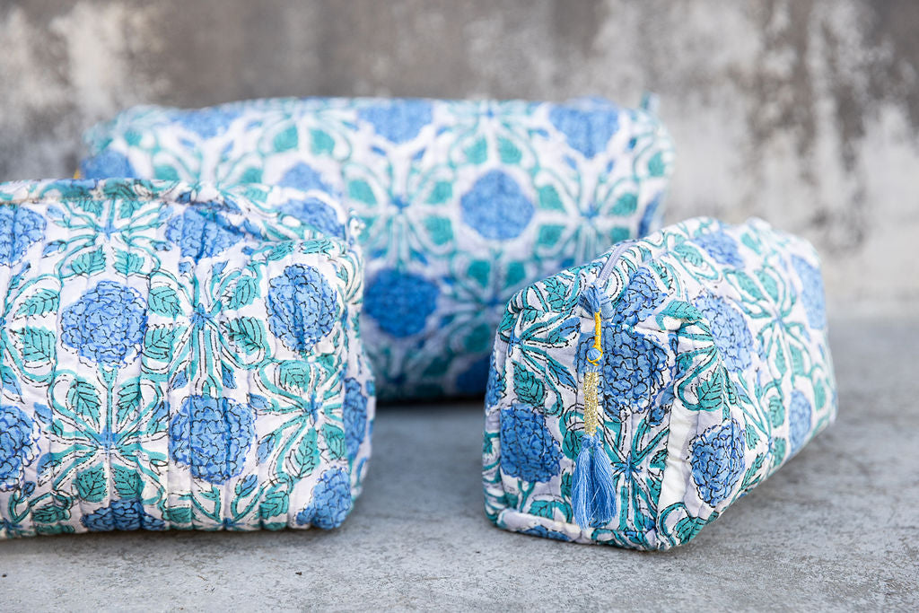 Detail of a set of three multi-colored patterned cotton cosmetic bags. Smaller bags fit into the largest for easy storage.
Blue-Green-White pattern.
