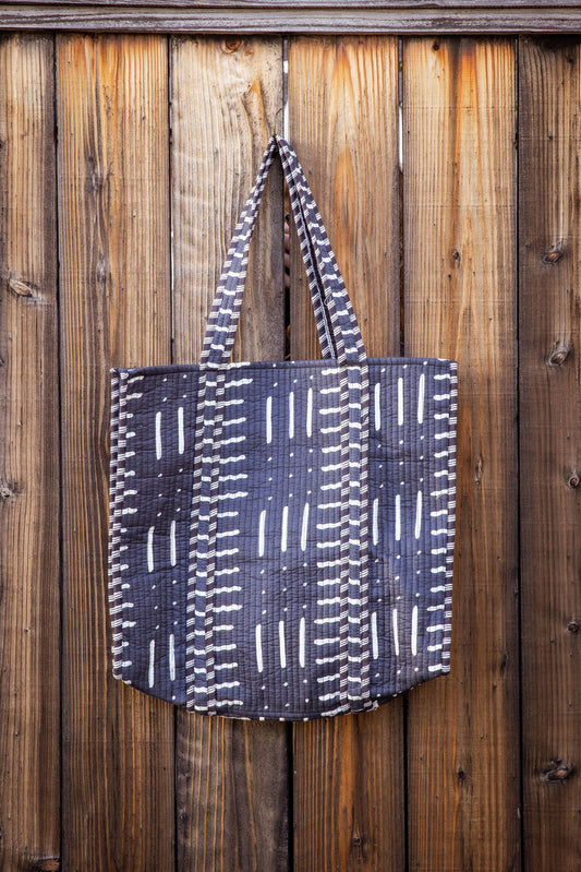 Cotton, reversible, machine washable, structured tote bag with pockets. Blue pattern