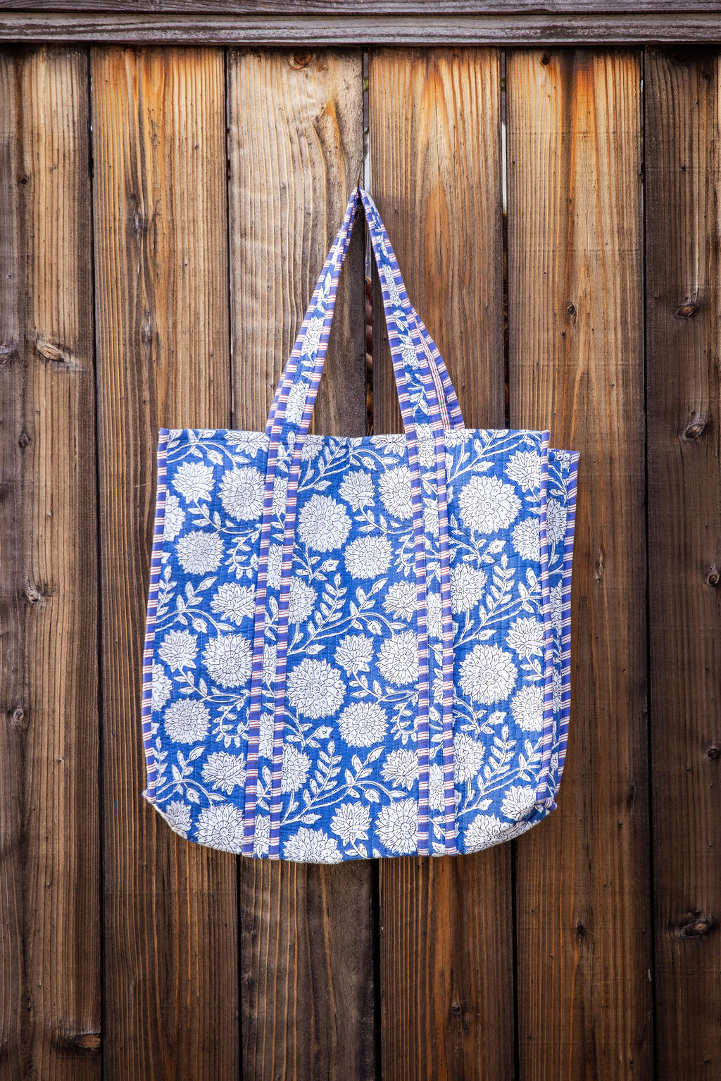 Reversible, machine washable, structured tote bag with pockets. Blue and white.