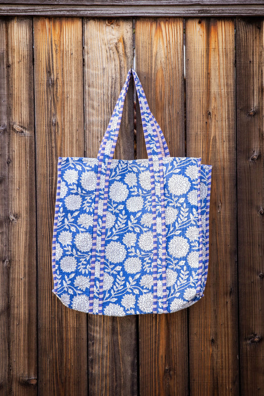 Reversible, machine washable, structured tote bag with pockets. Blue and white.