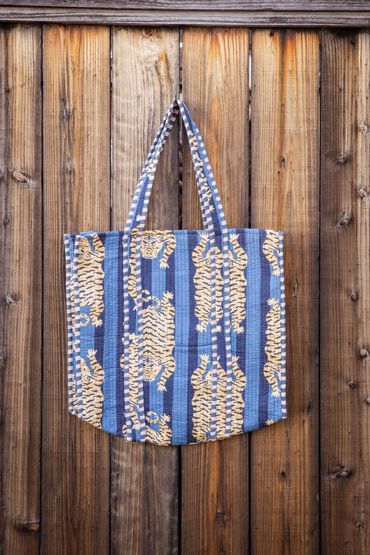 Cotton, reversible, machine washable, structured tote bag with pockets. Tigers on blue.