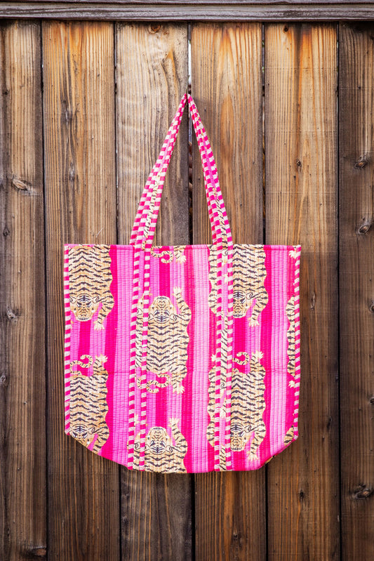 Cotton, reversible, machine washable, structured tote bag with pockets. Tigers on pink