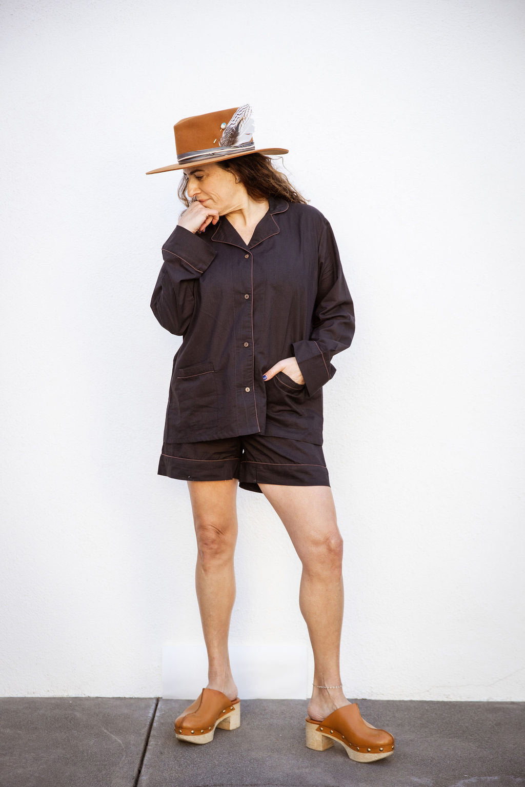 Model wearing Tuk and Lu's black cotton PJ set with the short. Also comes with pant and tote.