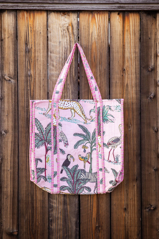 Reversible, machine washable, structured tote bag with pockets collection. Tropical theme, pink.