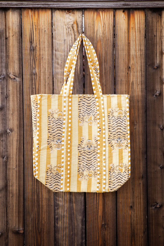 Cotton, reversible, machine washable, structured tote bag with pockets. Tigers on yellow